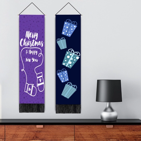 Christmas Wall Hanging Tapestry Snowman Gift Box Pattern Polyester Cotton Banner With Tassel For Home Living Room Decor