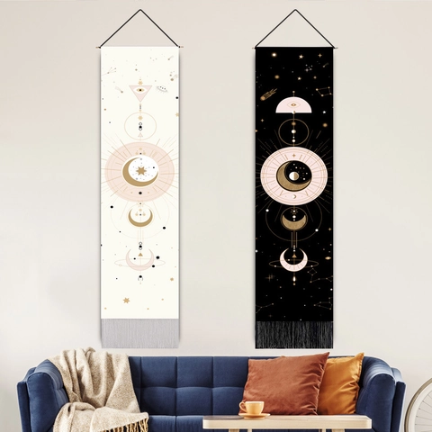 Arazzo Da Parete Fasi Lunari Rotolo Sospeso Tessuto Poliestere Cotone Con Nappe Decorazione Artistica Astrologia Celeste Bohémien