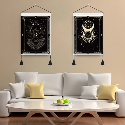 Tarot Tapestry Wall Hanging Cotton Polyester Mystical Astrology Sun Moon Art With Wooden Pole Tassels Home Decor