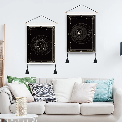 Tarot Tapestry Wall Hanging Cotton Polyester Mystical Astrology Sun Moon Art With Wooden Pole Tassels Home Decor