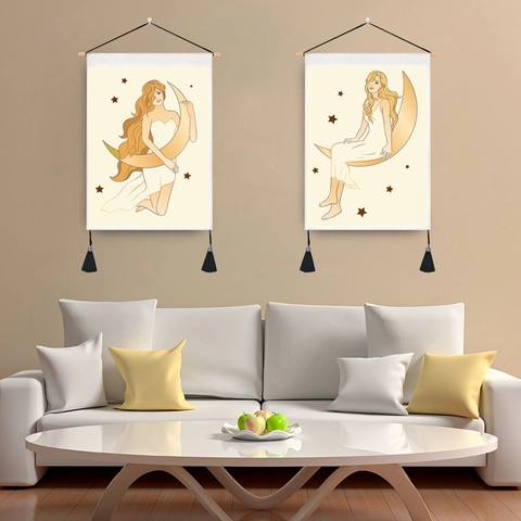 Himmlische Mond Stern Frau Illustration Wandbehang Tapisserie Mit Holzstange Und Quasten Polyester-Baumwollgewebe