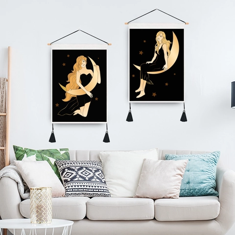Himmlische Mond Stern Frau Illustration Wandbehang Tapisserie Mit Holzstange Und Quasten Polyester-Baumwollgewebe