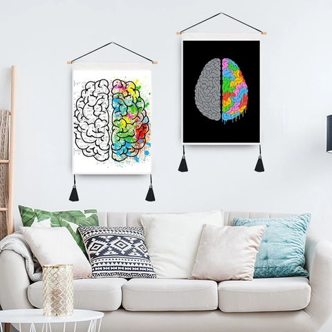 Kreative Gehirn Kunst Wandteppich Polyester Mit Holzstab Und Quasten Wissenschaft Logik Künstlerisches Dekor