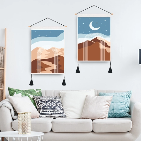 Arazzo Da Parete Paesaggio Astratto Asta In Legno Nappine Arte Nordica Boho Pittura Decorativa Soggiorno Camera Da Letto