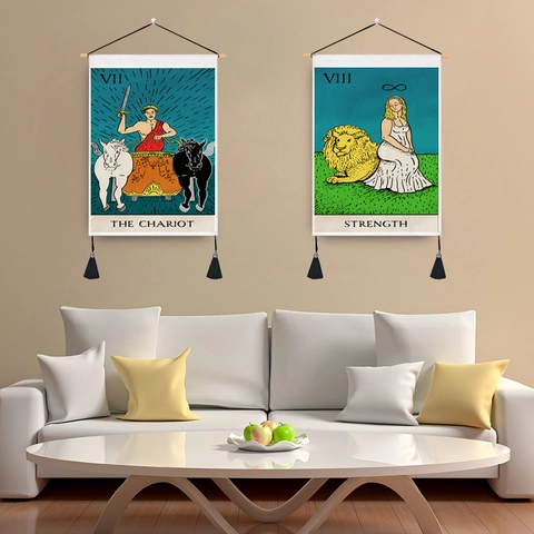 Tarot Card Wall Hanging Tapestry Cotton Polyester Fabric With Wooden Pole And Tassels Mystical Home Decor Aesthetic