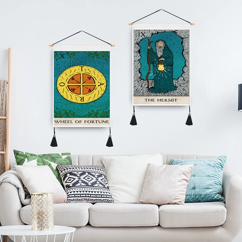 Tarot Card Wall Hanging Tapestry Cotton Polyester Fabric With Wooden Pole And Tassels Mystical Home Decor Aesthetic