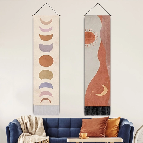Böhmische Mondphase Abstrakte Landschaft Wandbehang Tapisserie Mit Holzstab Quaste Vertikale Schriftrolle Kunst Haus Deko Gemälde