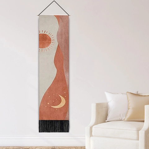 Böhmische Mondphase Abstrakte Landschaft Wandbehang Tapisserie Mit Holzstab Quaste Vertikale Schriftrolle Kunst Haus Deko Gemälde