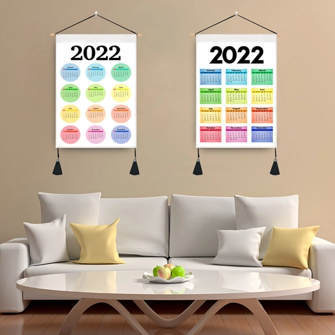 2022 Annual Calendar Wall Tapestry With Wood Pole Tassels Minimalist Polyester Cotton Wall Decor Poster For Home Living Room