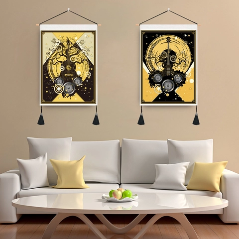 Musik Kunst Wandteppich Abstrakte Gitarre Wandbehang Mit Holzstange Und Quasten Vintage Dekor Für Musikzimmer