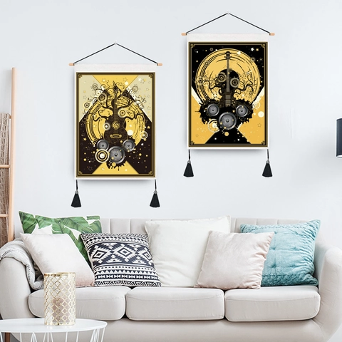 Musik Kunst Wandteppich Abstrakte Gitarre Wandbehang Mit Holzstange Und Quasten Vintage Dekor Für Musikzimmer