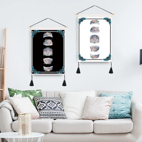 Arazzo Bohemien Fase Lunare Appeso a Parete Con Asta in Legno Nappine Fiori Farfalla Dea Arte Casa Decorazione per Soggiorno Camera da Letto