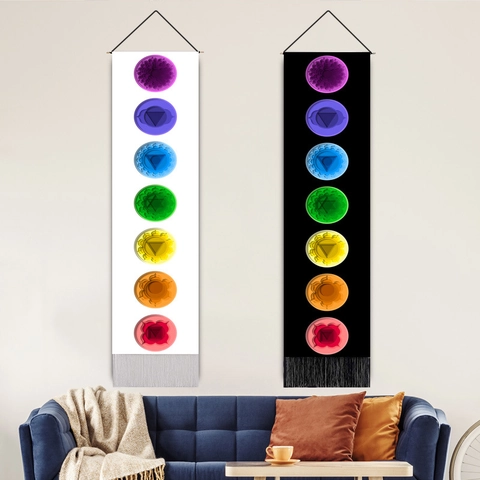 Chakra Mandala Wall Tapestry Vertical Long Fabric Hanging With Tassels And Wood Pole Yoga Meditation Room Decor