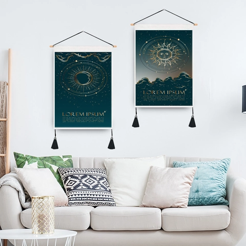 Mystische Tarot Tapisserie Wandbehang Astrologie Sonne Mond Auge Polyester Baumwolle Mit Holzstab Und Quasten Boho Dekor