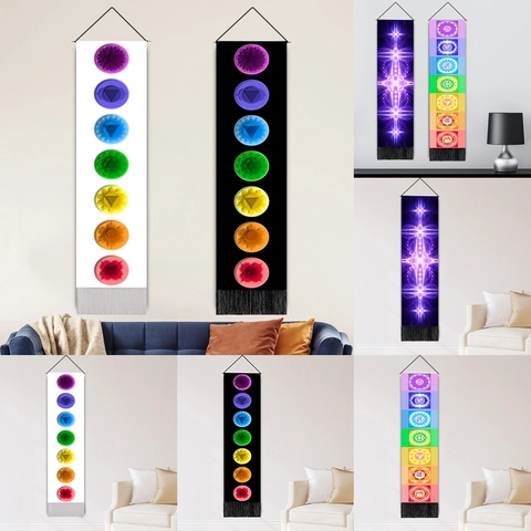 Chakra Mandala Wall Tapestry Vertical Long Fabric Hanging With Tassels And Wood Pole Yoga Meditation Room Decor