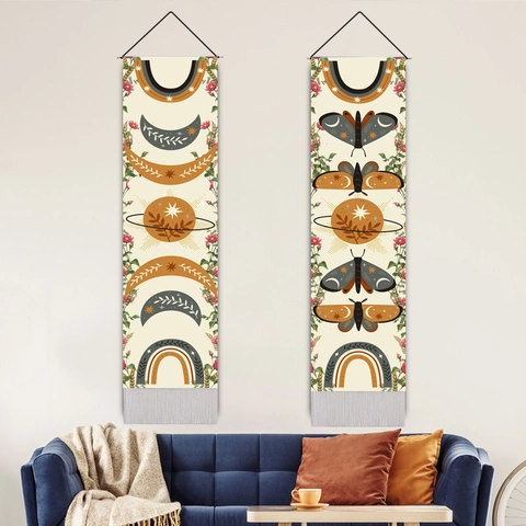 Boho Wall Hanging Tapestry Cotton Linen Moon Phase Butterfly Moth Vertical Decorative With Wooden Rod And Fringes