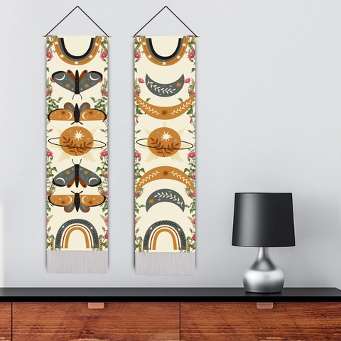 Boho Wall Hanging Tapestry Cotton Linen Moon Phase Butterfly Moth Vertical Decorative With Wooden Rod And Fringes