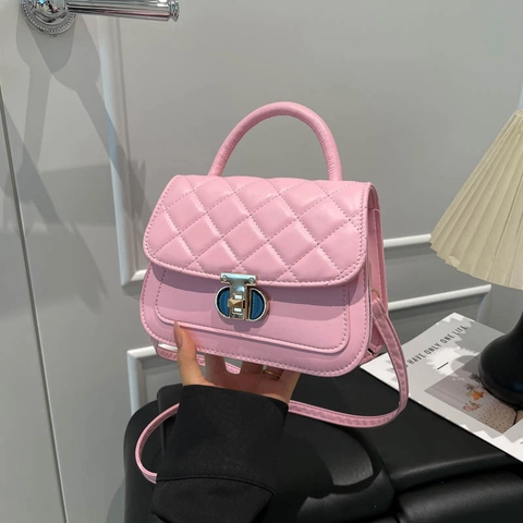Quilted PU Leather Crossbody Bag Women Fashion Small Handbag With Metal Lock Top Handle Adjustable Strap Elegant Daily