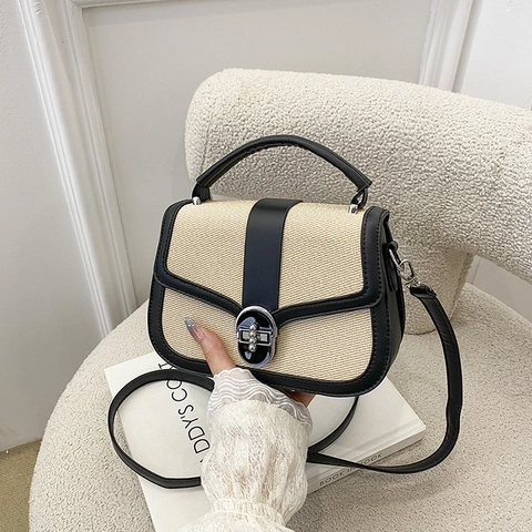 Vintage Splicing Woven PU Leather Crossbody Bag For Women Fashion Handbag With Metal Lock Elegant Shoulder Bag Small Square Bag