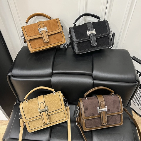 Vintage Γυναικεία Τσάντα Ώμου Patchwork Σουέντ PU Δέρμα Crossbody Τσάντα Μικρή Τετράγωνη Τσάντα Χειρός Με Μεταλλική Πόρπη Casual Travel Tote