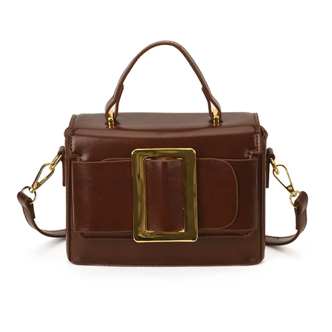 Vintage PU Leather Square Crossbody Bag For Women Korean Style Handbag With Large Gold Buckle Solid Retro Shoulder Bag