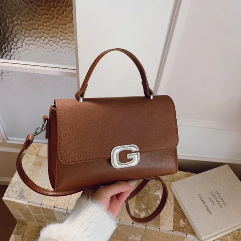 Vintage Damen Umhängetasche PU Leder G-Förmige Strass Schnalle Handtasche Quadratische Schultertasche Retro Mode