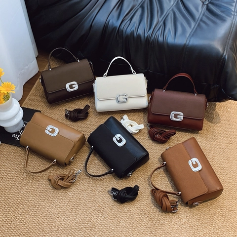 Vintage Damen Umhängetasche PU Leder G-Förmige Strass Schnalle Handtasche Quadratische Schultertasche Retro Mode