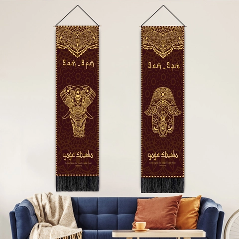 Vertical Wall Hanging Tapestry Polyester Cotton Blend Golden Mandala Hamsa Hand Elephant Patterns With Tassels For Yoga Studio