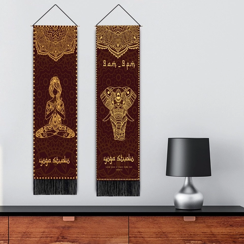 Vertical Wall Hanging Tapestry Polyester Cotton Blend Golden Mandala Hamsa Hand Elephant Patterns With Tassels For Yoga Studio