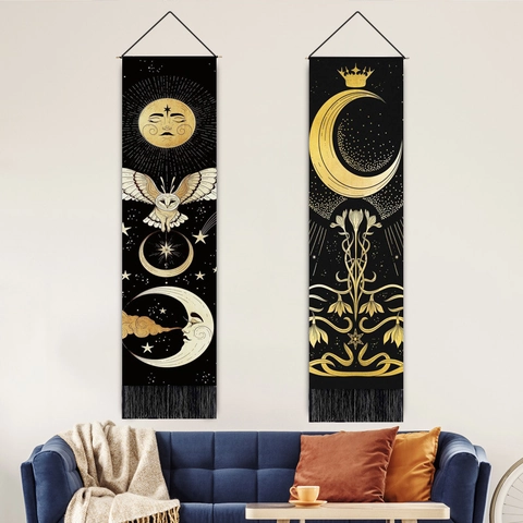 Bohemian Celestial Wall Hanging Tapestry Moon Phase Sun Owl Gold Printing Fabric Scroll Wall Art With Tassel For Home Decor