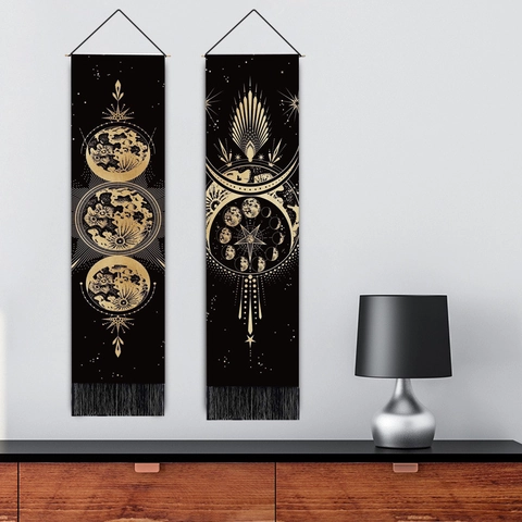 Bohemian Celestial Wall Hanging Tapestry Moon Phase Sun Owl Gold Printing Fabric Scroll Wall Art With Tassel For Home Decor