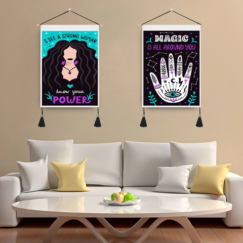 Halloween Witch Wall Hanging Tapestry Mystic Magic Hamsa Hand Polyester Cotton Fabric With Wood Pole And Tassels Bohemian Decor