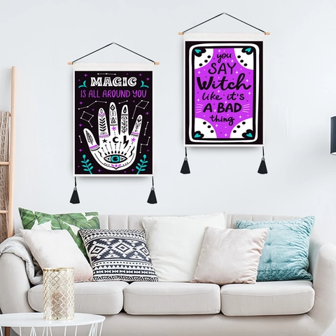 Halloween Witch Wall Hanging Tapestry Mystic Magic Hamsa Hand Polyester Cotton Fabric With Wood Pole And Tassels Bohemian Decor