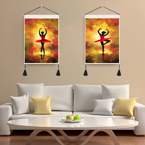 Tapiz De Pared Bailarina De Ballet Abstracta Tela De Algodón Y Poliéster Estilo Pintura Al Óleo Con Varilla De Madera Y Borlas Negras