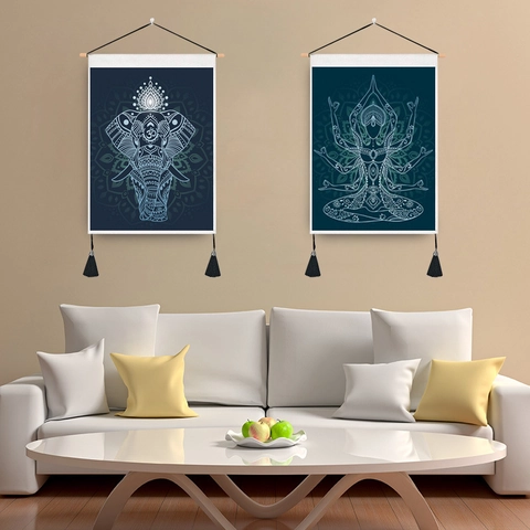 Bohemian Thai Elephant Mandala Tapestry Wall Art With Wooden Pole And Tassels For Meditation Zen Living Room Decor