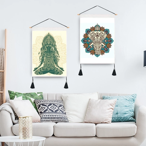Bohemian Thai Elephant Mandala Tapestry Wall Art With Wooden Pole And Tassels For Meditation Zen Living Room Decor