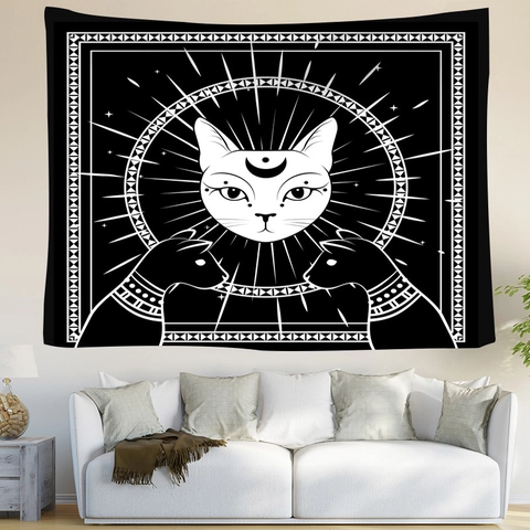 Black Cat Tapestry Moon Celestial Wall Hanging Brushed Polyester Gothic Bohemian Mystic Occult Home Decor Bedroom
