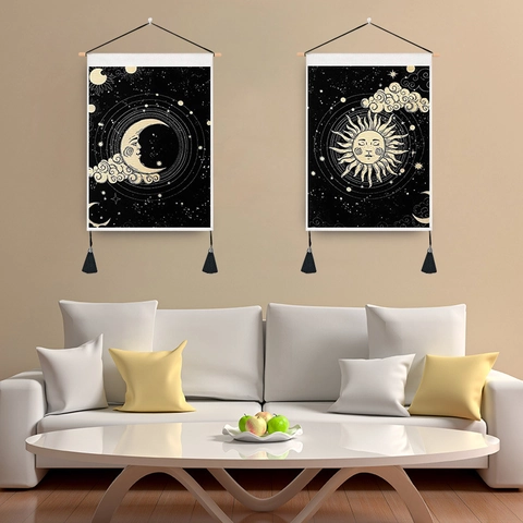 Himmelskörper Sonne Mond Wandteppich Polyester Baumwolle Wandbehang Mit Holzstab Und Quasten Retro Astrologie