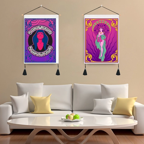 Vintage Tarot Card Wall Tapestry With Wooden Hanging Pole Psychedelic Bohemian Wall Art Scroll For Living Room Home Decor