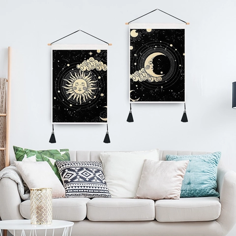 Himmelskörper Sonne Mond Wandteppich Polyester Baumwolle Wandbehang Mit Holzstab Und Quasten Retro Astrologie