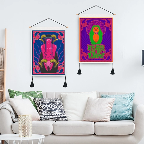 Vintage Tarot Card Wall Tapestry With Wooden Hanging Pole Psychedelic Bohemian Wall Art Scroll For Living Room Home Decor