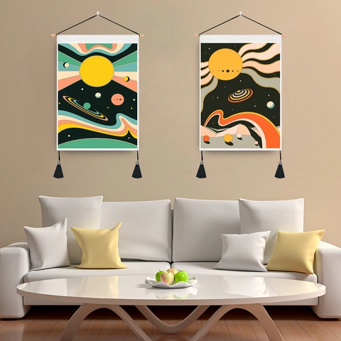 Himmlische Sonne Mond Wandteppich Mit Holzstab Und Quasten Böhmische Retro Künstlerische Schriftrolle Für Raumdeko
