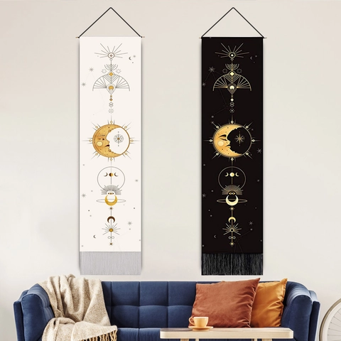 Arazzo Da Parete Bohemien Fasi Lunari Verticale Sole Stella Arredamento Con Asta In Legno Nappe Cotone Lino