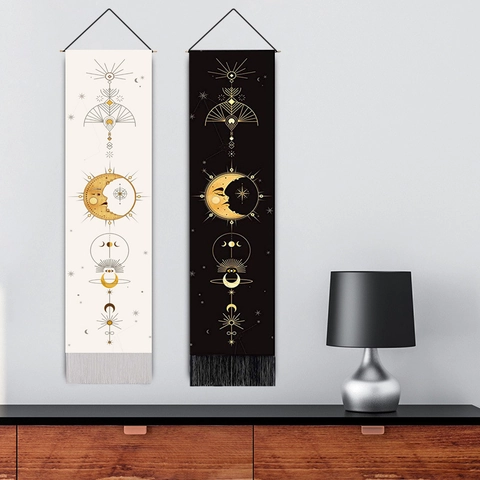 Arazzo Da Parete Bohemien Fasi Lunari Verticale Sole Stella Arredamento Con Asta In Legno Nappe Cotone Lino