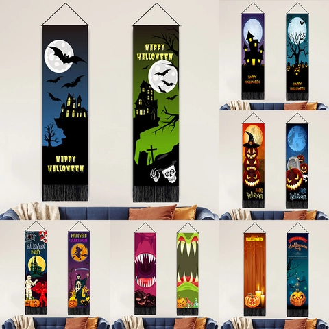 Halloween Vertical Wall Hanging Tapestry Polyester Cotton Horror Pumpkin Castle Print Banner With Tassel For Home Party Decor