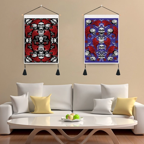 Gotische Schedel Roos Wandkleed Met Houten Stok En Kwastjes Polyester Stof Mystieke Wolf Decoratieve Rol