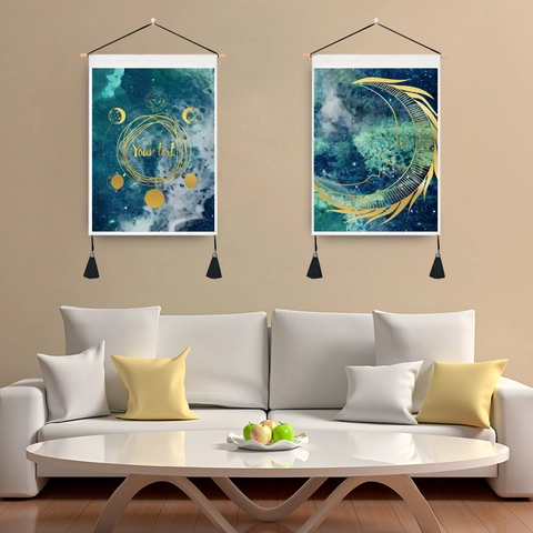 Tapiz de Pared Bohemio con Fases Lunares y Cielo Estrellado de Policotón Decoración con Vara de Madera y Borlas para Hogar