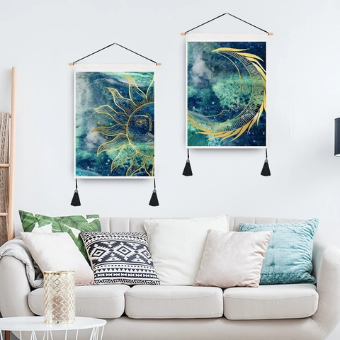 Tapiz de Pared Bohemio con Fases Lunares y Cielo Estrellado de Policotón Decoración con Vara de Madera y Borlas para Hogar