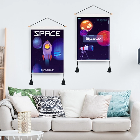 Space Exploration Wall Scroll Tapestry Poly-Cotton Cartoon Astronaut Planet Hanging Painting With Wooden Pole And Tassels
