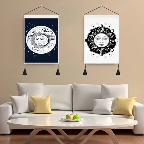 Zon Maan Ster Wandtapijt Muurophanging Boheemse Astrologie Kunst Polyester Katoen Stof Met Houten Stok En Kwastjes Kamerdecoratie